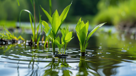 Vivid green plants rise gracefully from the water surface, illuminated by soft sunlight. This serene scene embodies nature's beauty and tranquility in a lush environment.の素材