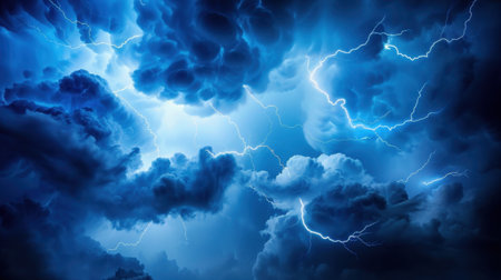 A captivating view of storm clouds illuminated by bright lightning, creating a dramatic and intense atmosphere in the night sky. Perfect for weather themes.の素材