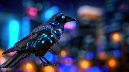 This captivating image features a futuristic raven adorned with glowing circuit patterns, set against a stunning urban nightscape filled with vibrant lights.の素材