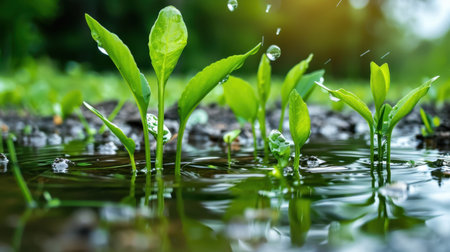 A captivating scene of fresh green seedlings rising from moist soil, illuminated by bright sunlight. Water droplets glisten on the leaves, symbolizing new life and growth in a tranquil garden setting.の素材