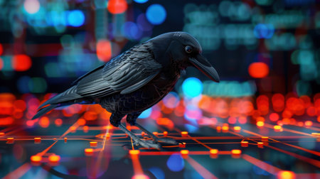 A striking black raven poised on a vibrant abstract digital background showcases the fusion of nature and technology, creating an intriguing visual experience.の素材