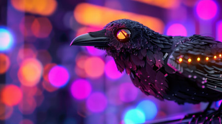 A striking mechanical crow with glowing eyes perches amidst vibrant bokeh lights in a futuristic cityscape, blending nature with technology in a captivating manner.の素材