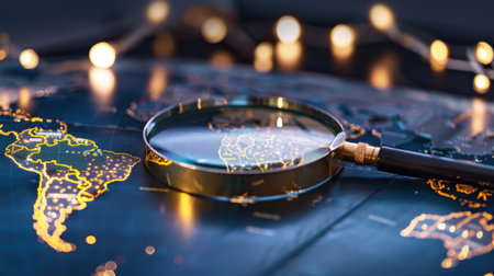 A magnifying glass resting on a world map illuminated by soft, twinkling lights. This image captures the spirit of exploration, research, and discovery.の素材