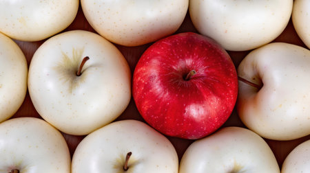 A striking image of a red apple amidst a circle of white apples, emphasizing the contrast in colors and textures, perfect for food-related themes.の素材