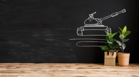 A unique artistic setup featuring a tank illustration on a chalkboard, complemented by vibrant indoor plants in pots on a wooden table, perfect for creative projects.の素材