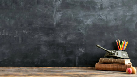 A charming vintage classroom setup featuring a chalkboard backdrop, a stack of books, a pencil holder, and a fresh apple, perfect for education themes.の素材
