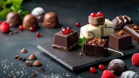 A stunning arrangement of assorted gourmet chocolates featuring rich dark and creamy white varieties, paired with fresh berries and elegant garnishes.の素材