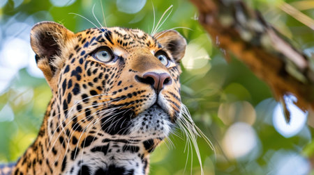 A stunning close-up of a leopard gazing upwards through a lush green environment. This captivating image captures the elegance and beauty of wildlife in its natural habitat.の素材