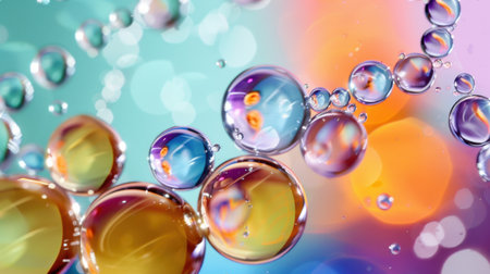 Vibrant composition featuring colorful bubbles on a blurred backdrop, showcasing light reflections and abstract shapes for an artistic visual experience.の素材