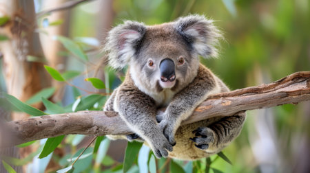 A charming koala is seen resting comfortably on a tree branch, surrounded by vibrant green leaves, showcasing a serene moment in its natural habitat.の素材