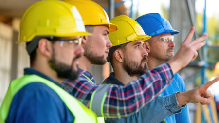 A group of four construction workers in hard hats discusses a project while pointing at plans. They embody teamwork and safety in an outdoor setting.の素材