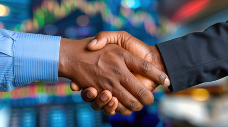 Two diverse individuals engage in a firm handshake symbolizing business collaboration, partnership, and success against a backdrop of financial data.の素材