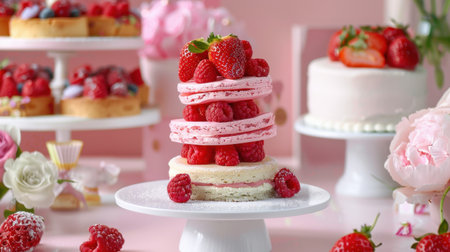 A stunning dessert display featuring layered raspberry desserts and fresh berries on a pastel pink background. Perfect for celebrations and sweet moments.の素材