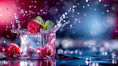 A stunning composition featuring raspberries splashing into an ice cube amid sparkling water droplets, set against a colorful backdrop, evoking freshness and vitality.の素材