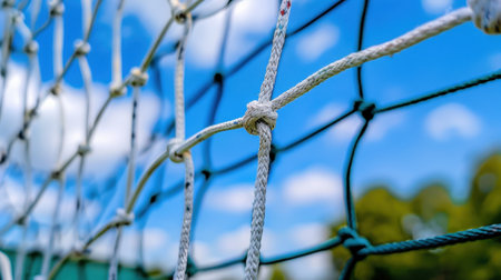 This close-up image showcases the intricate knots of a soccer net against a stunning blue sky dotted with fluffy clouds, ideal for sports-themed projects.の素材