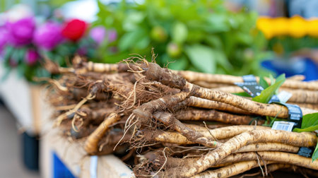 A vibrant market scene featuring fresh root vegetables with exposed soil, complemented by colorful flowers in the background, showcasing nature's bounty.の素材