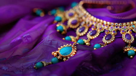 A captivating close-up of elegant traditional jewelry featuring stunning turquoise accents, beautifully contrasted against a rich purple fabric.の素材
