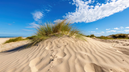 This stunning image captures a tranquil sandy dune with wild grass against a bright blue sky. The clouds create a picturesque backdrop in a serene coastal environment.の素材