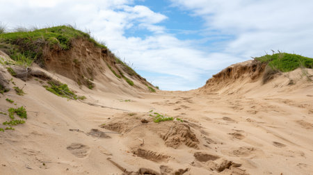 A breathtaking view of a sandy dune landscape featuring gentle slopes, green grass patches, and a soft blue sky, conveying peace and tranquility.の素材
