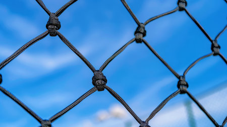 Captivating close-up of black mesh netting showcasing intricate knot patterns against a vibrant blue sky with soft clouds, perfect for various design needs.の素材
