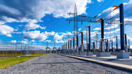 This image showcases a modern electrical substation with towering high voltage structures, set against a striking blue sky filled with clouds, emphasizing energy infrastructure.の素材