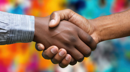 This image captures a moment of unity with two hands shaking against a vibrant background. It symbolizes collaboration, trust, and diverse relationships in today's multicultural society.の素材