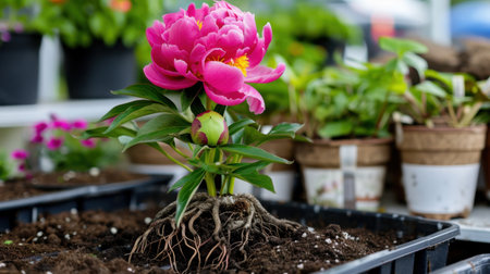 A close view of a stunning pink peony flower and healthy leaves emerging from rich soil, surrounded by potted plants, perfect for garden enthusiasts.の素材
