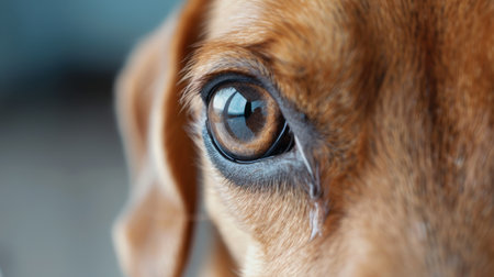 This captivating close-up image features a dog's eye that conveys deep emotion and a unique texture, captured beautifully in soft natural light.の素材