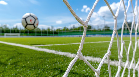 A soccer ball flies toward the net on a sunny day, showcasing vibrant green grass, a bright blue sky, and an engaging sports atmosphere.の素材