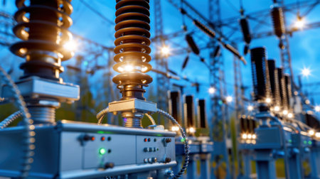 This image showcases high-tech equipment in an electric substation, featuring transformers and power lines illuminated at dusk, highlighting modern energy infrastructure.の素材