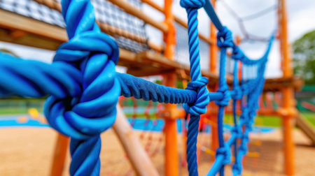 This close-up image captures a blue rope tied in a knot on a colorful children's playground climbing structure, symbolizing adventure and fun in outdoor play.の素材