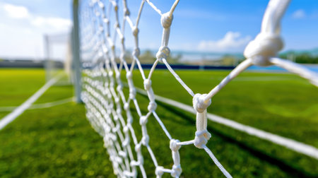 A close-up shot of a soccer goal net highlights the intricate knots and design, set against a vibrant green field and clear blue sky. Perfect for sports themes.の素材