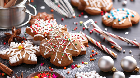 A vibrant arrangement of beautifully decorated gingerbread cookies on a dark surface, surrounded by baking tools and colorful sprinkles, perfect for holiday celebrations.の素材