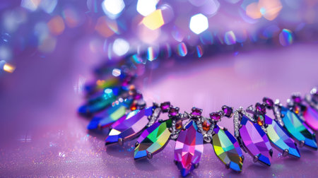 A stunning close-up of a colorful crystal necklace featuring vibrant hues and intricate design elements against a soft purple background, exuding elegance.の素材