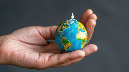 A person holds a miniature globe representing the Earth, showcasing vibrant continents and oceans, symbolizing global awareness and unity.の素材