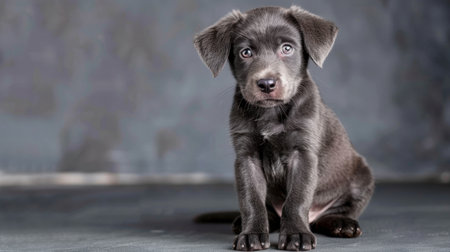 A charming black Labrador puppy with expressive eyes sits gracefully against a soft gray backdrop. This image captures the essence of youthful innocence and companionship.の素材