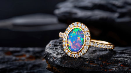 This stunning opal ring features a vibrant center stone surrounded by sparkling diamonds, set in a refined gold band. A perfect jewelry piece for any occasion.の素材