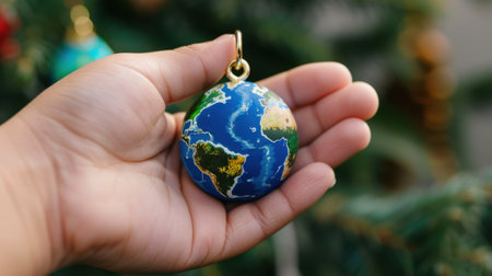 A hand gently cradles a decorative globe ornament, capturing the spirit of the holidays and emphasizing themes of unity and global celebration.の素材