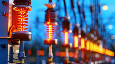 This image showcases electricity transformers with glowing insulators at dusk, highlighting the intricate details and technology in an industrial environment.の素材