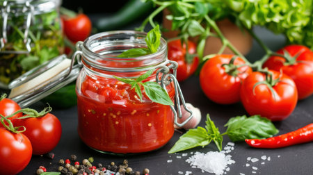A vibrant display of fresh tomatoes, herbs, and spices surrounding a jar of homemade tomato sauce, perfect for culinary inspiration in healthy cooking.の素材