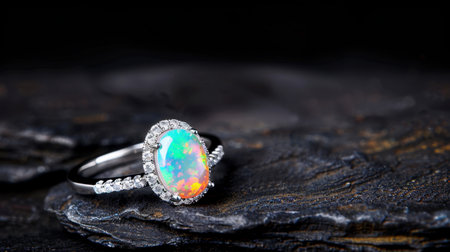 This gorgeous opal ring features a vibrant center stone surrounded by shimmering diamonds, set against a dark textured background. Perfect for elegance.の素材