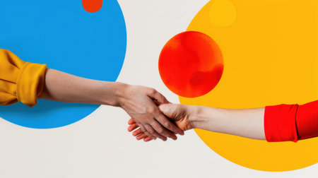 This vibrant image showcases two hands engaged in a handshake, symbolizing cooperation and unity, set against a bright, colorful background.の素材