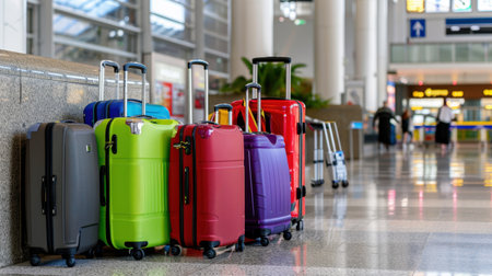 A vibrant display of colorful luggage stacked neatly in an airport terminal, showcasing modern architecture and a bustling travel environment.の素材