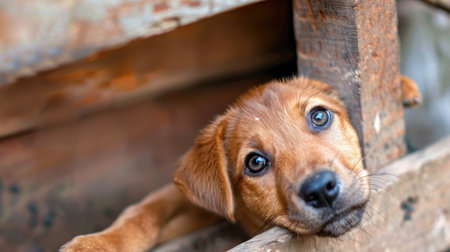 This image captures a charming puppy with soulful eyes peeking through wooden slats, embodying innocence and curiosity. The rustic background adds warmth to the scene.の素材
