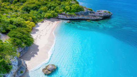 Stunning aerial view of a tranquil tropical beach featuring crystal-clear blue water and vibrant green foliage in a picturesque natural setting.の素材