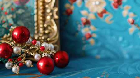 This vibrant stock photo features festive red ornaments paired with an ornate frame, set against a rich blue decorative background, perfect for holiday themes.の素材
