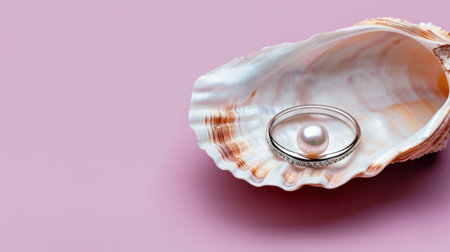 A stunning pearl ring placed elegantly within a seashell against a soft pink backdrop. Ideal for showcasing beauty, luxury, and romance in visual storytelling.の素材