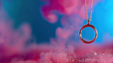 This stunning close-up captures a silver necklace featuring a circular pendant, elegantly suspended in colorful smoke and bubbles, creating a dreamy atmosphere.の素材