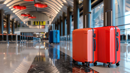 Two vibrant suitcases in red and blue rest in a modern airport terminal, highlighting spacious architecture and a lively atmosphere perfect for travelers.の素材