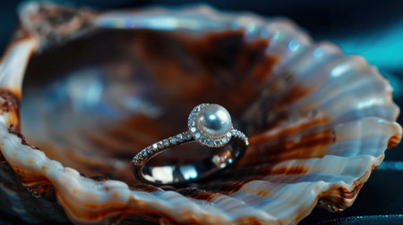 A stunning pearl ring is artistically positioned on a beautifully intricate seashell, highlighting the elegance of fine jewelry and natural beauty.の素材